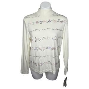 Y2K 90s Vintage Cream Floral Embroidered Mock Neck Top Feminine NOS Size M NWT